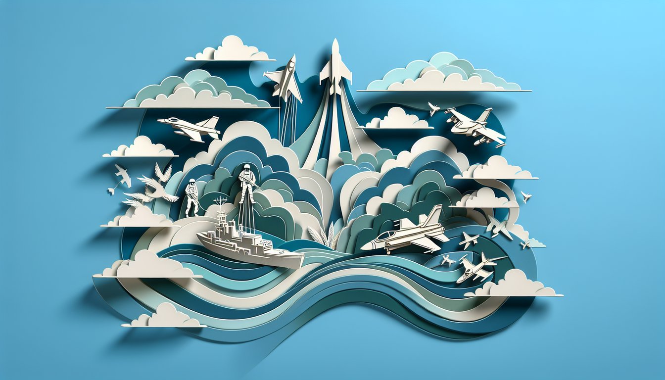paper art style army quiz with dog tags helmet star insignia binoculars and text prompts on sky blue background.