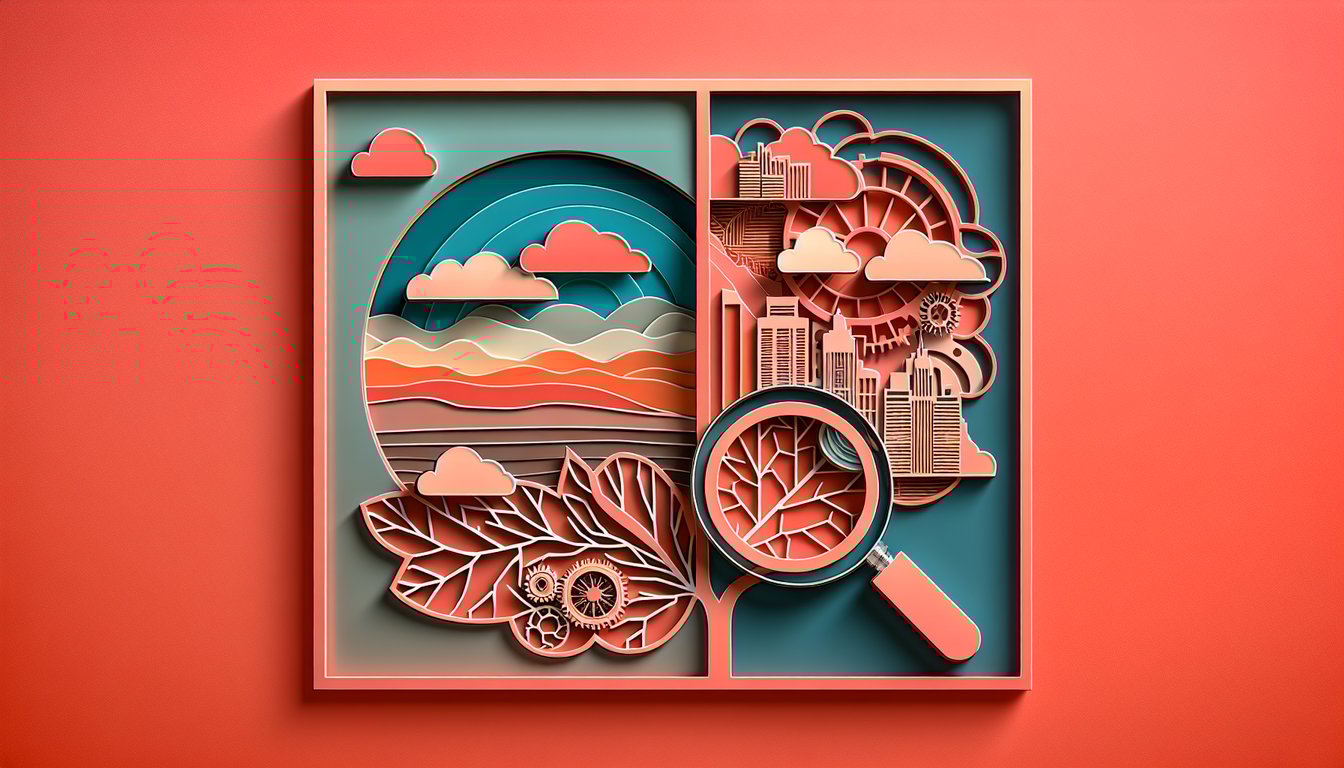 Paper art illustration for quiz determining if you are detail oriented or a big picture thinker on coral background.