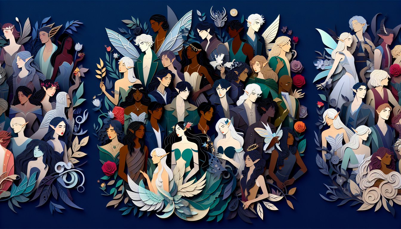 Paper art illustration for ACOTAR character quiz on dark blue background