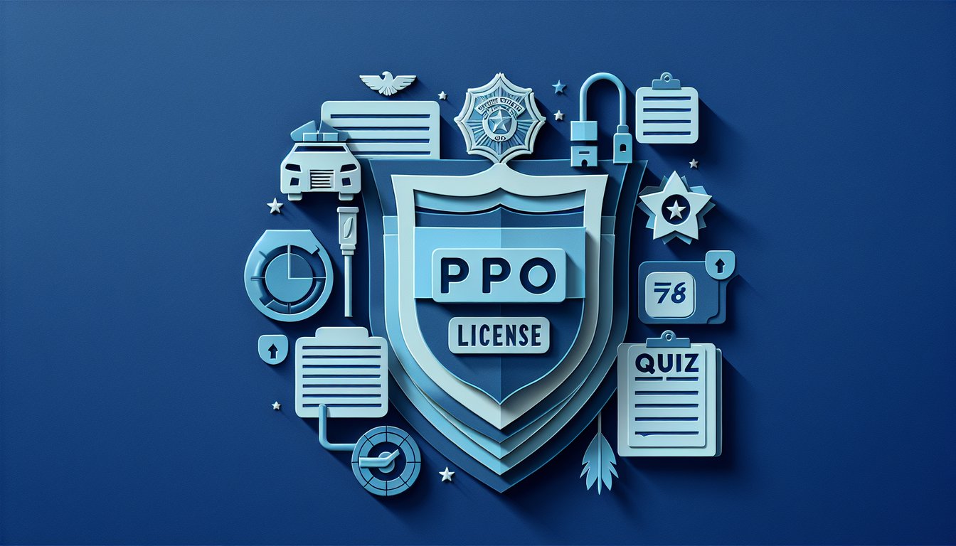 Paper art illustration for PPO License quiz on private patrol operator topics on dark blue background