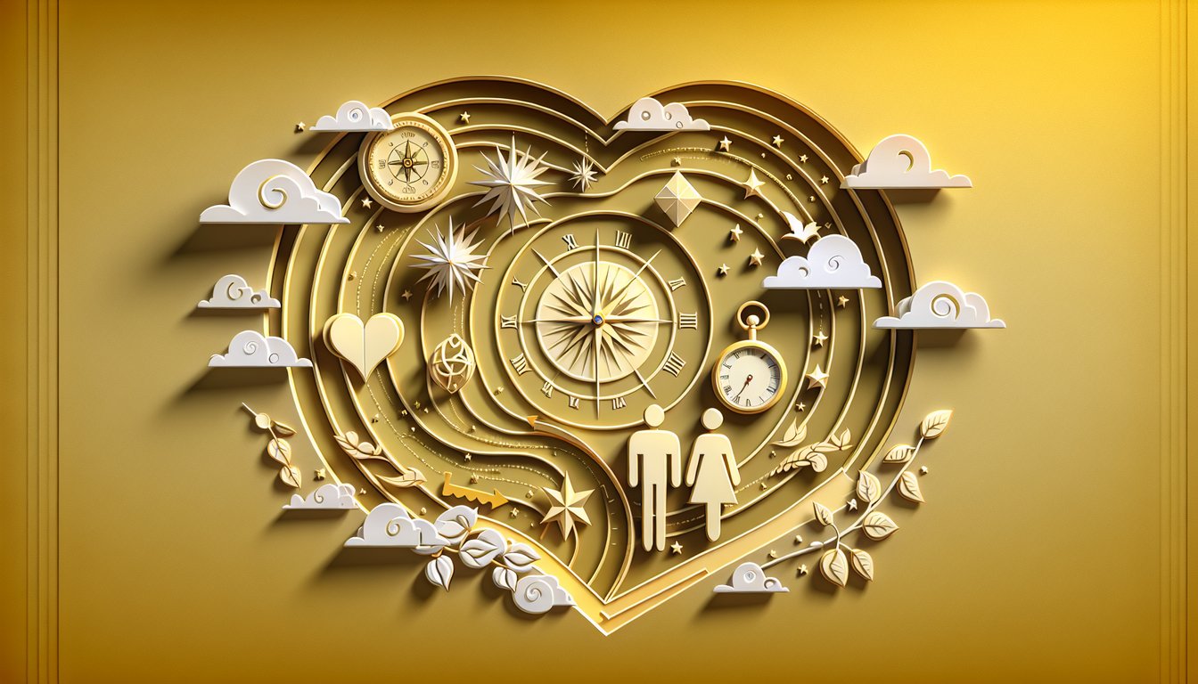 Paper art illustration for a love destiny quiz with fun questions on a golden yellow background.