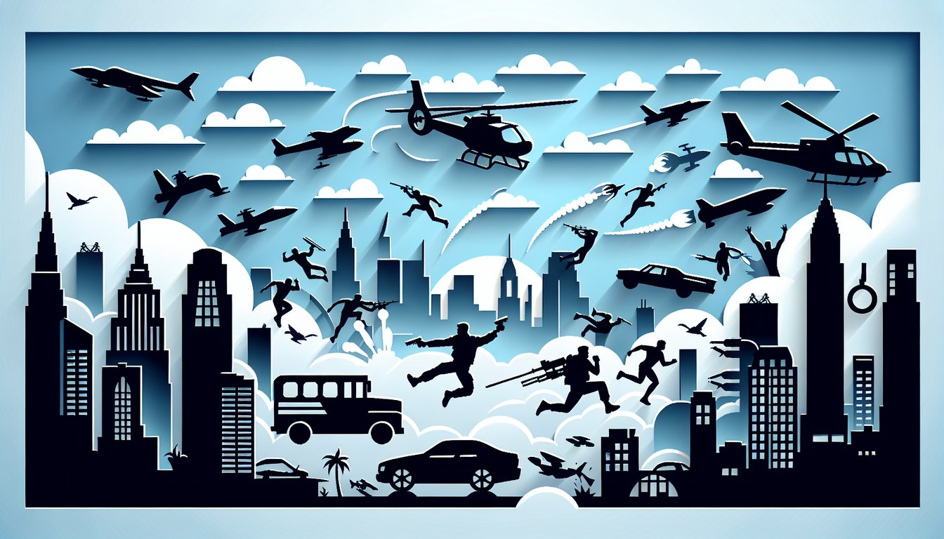 Paper art illustration for action movie trivia quiz on a sky blue background.