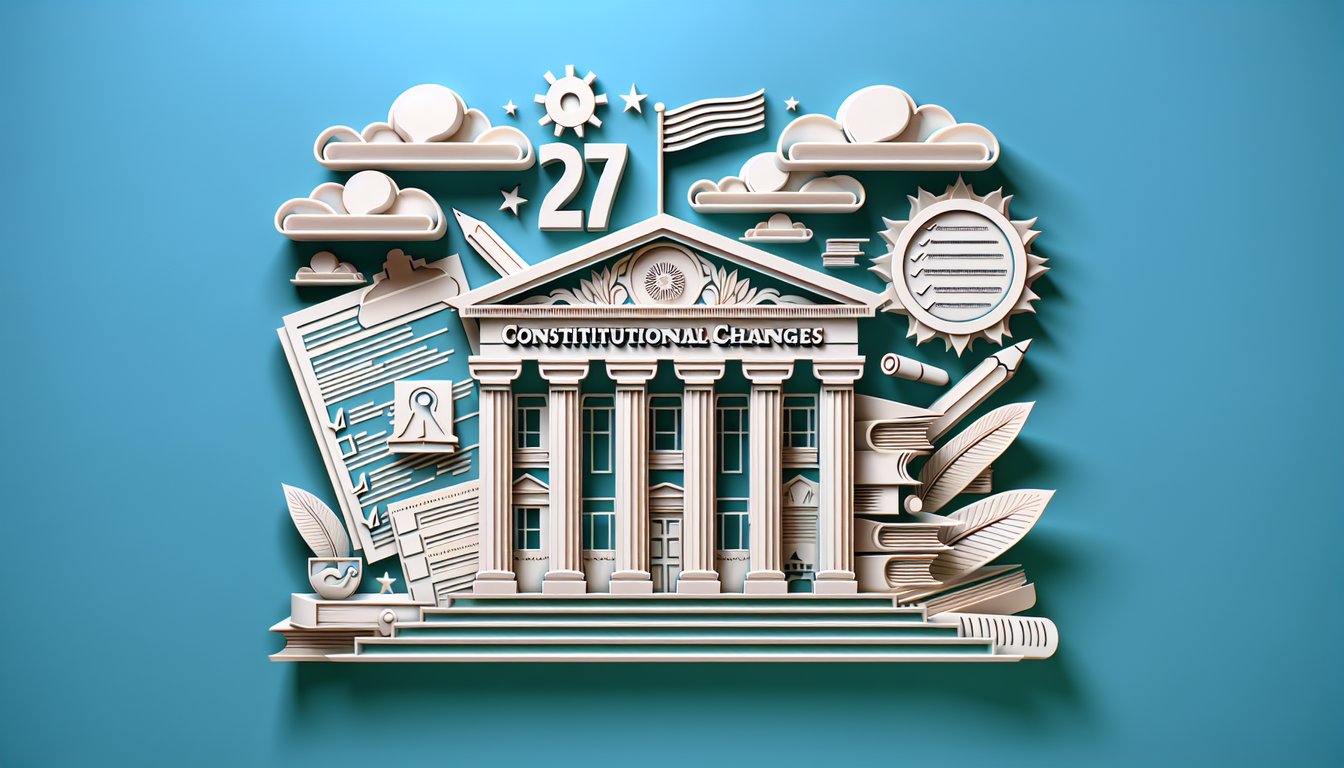 Paper art illustration for amendments quiz on teal background