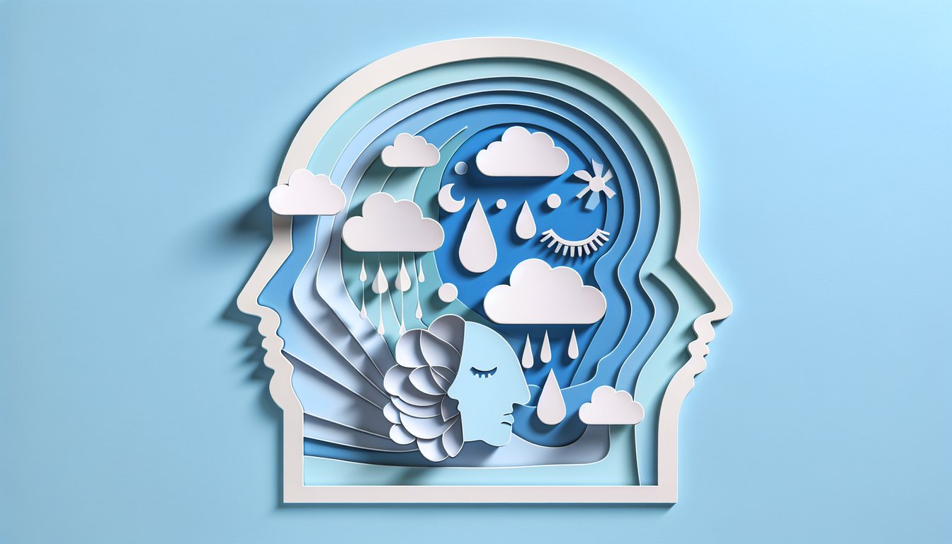 Paper art cutout on sky blue background shows split face half light half dark representing anxiety depression quiz