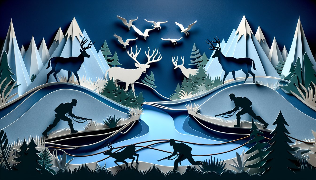Paper art illustration for quiz on Chapter 3 of Call of the Wild on a dark blue background.