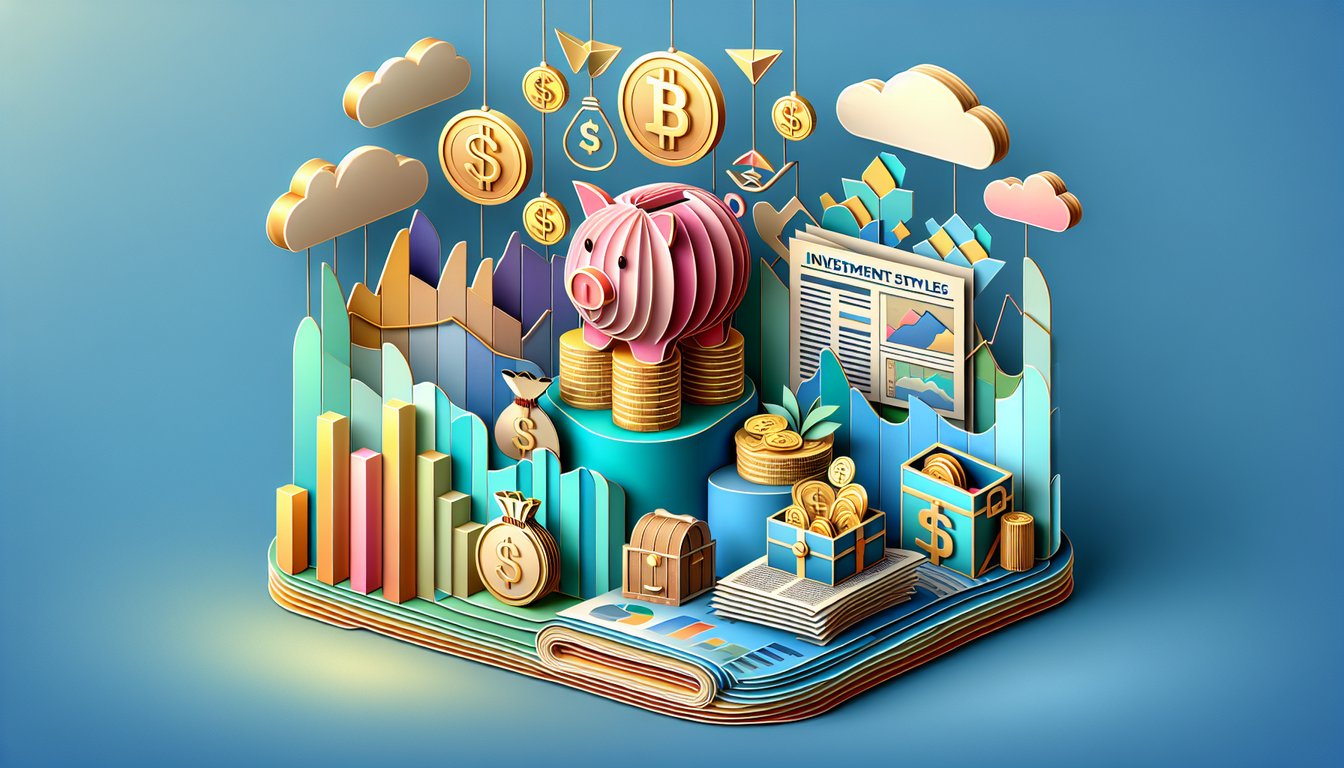 Paper art style illustration of diverse investors and money symbols on sky blue background for investment style quiz