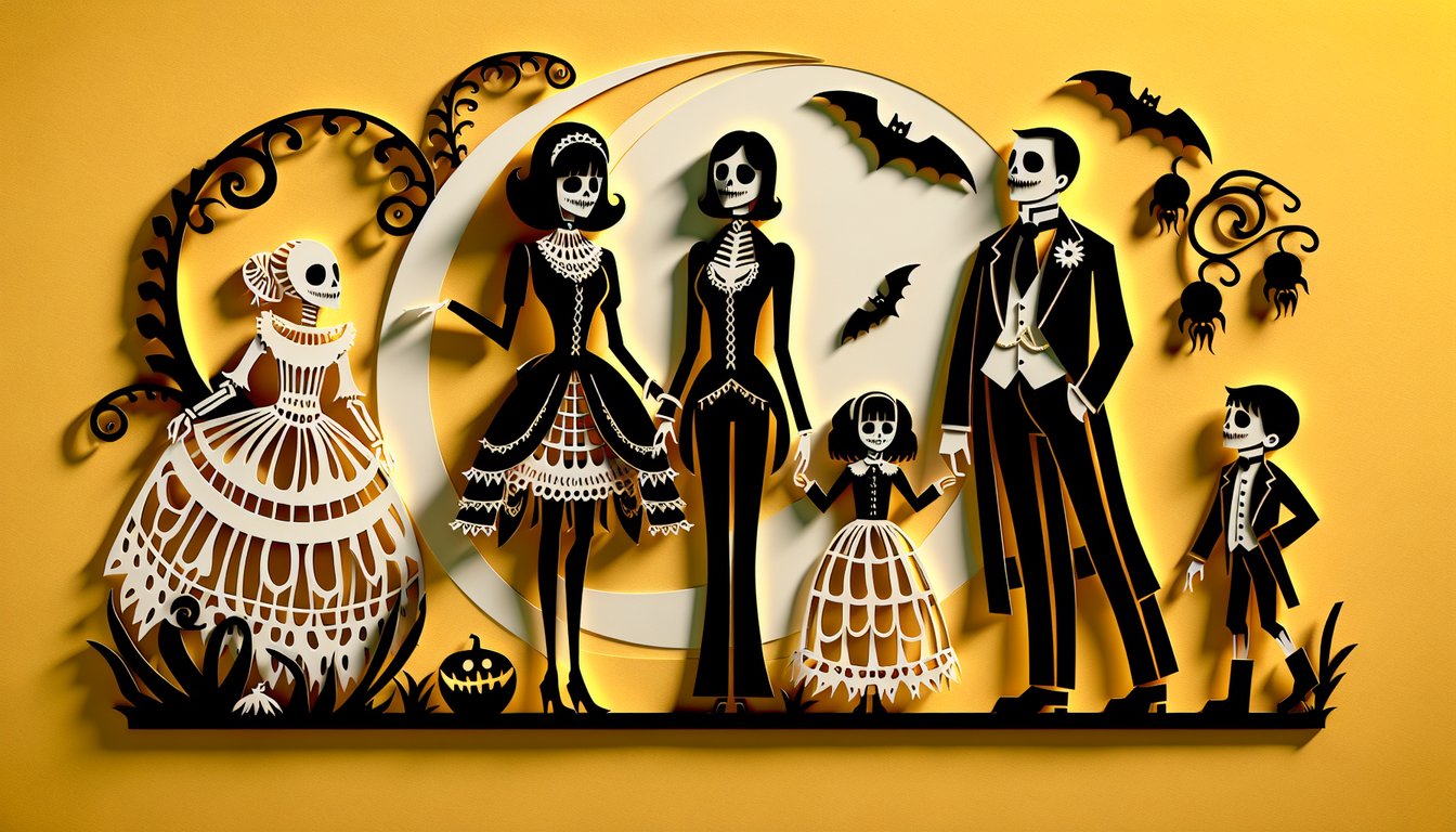 Paper art illustration for Addams Family character quiz on a golden yellow background