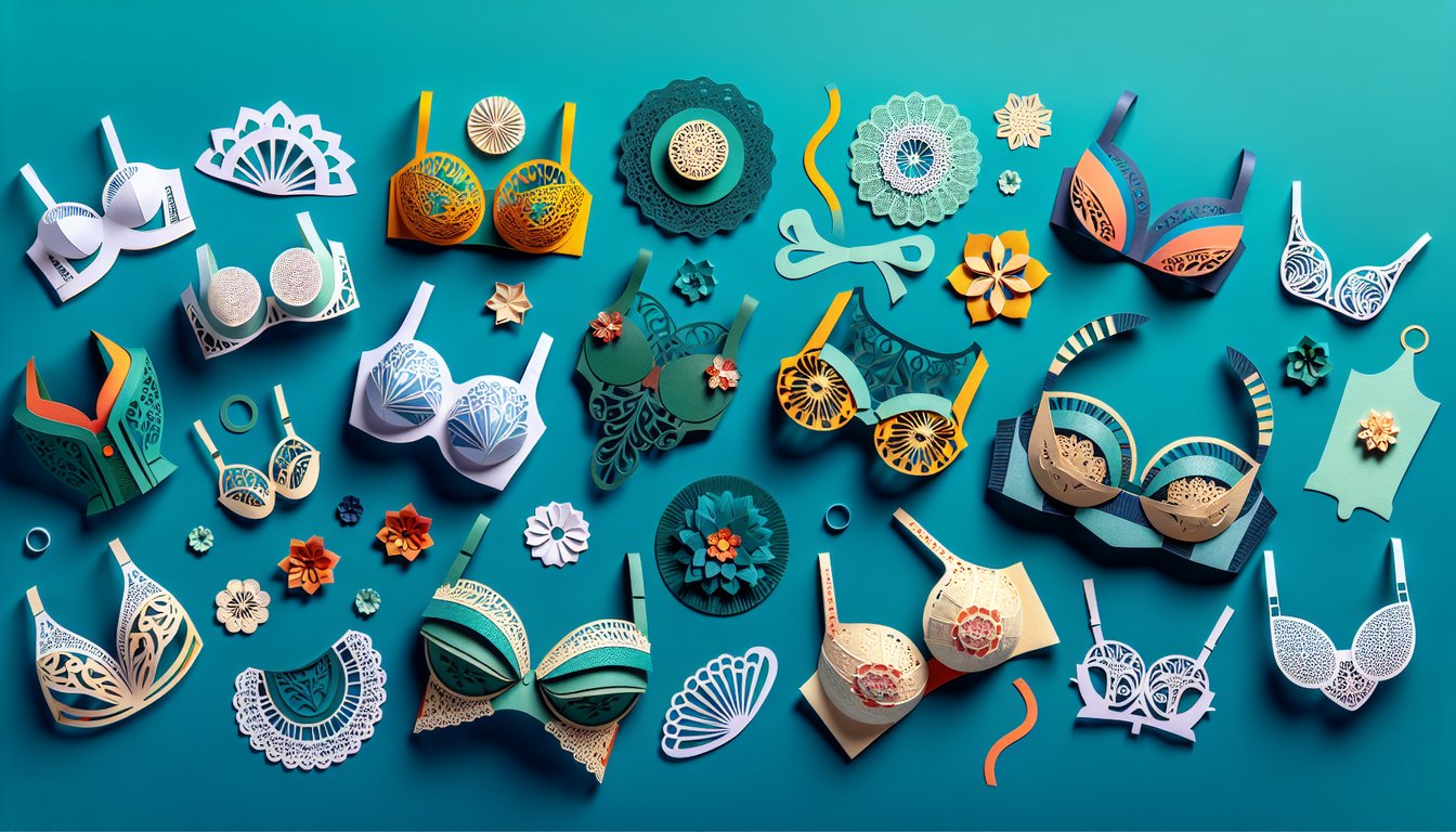 Paper art collage of bras and quiz elements inviting ideal bra style discovery on teal background