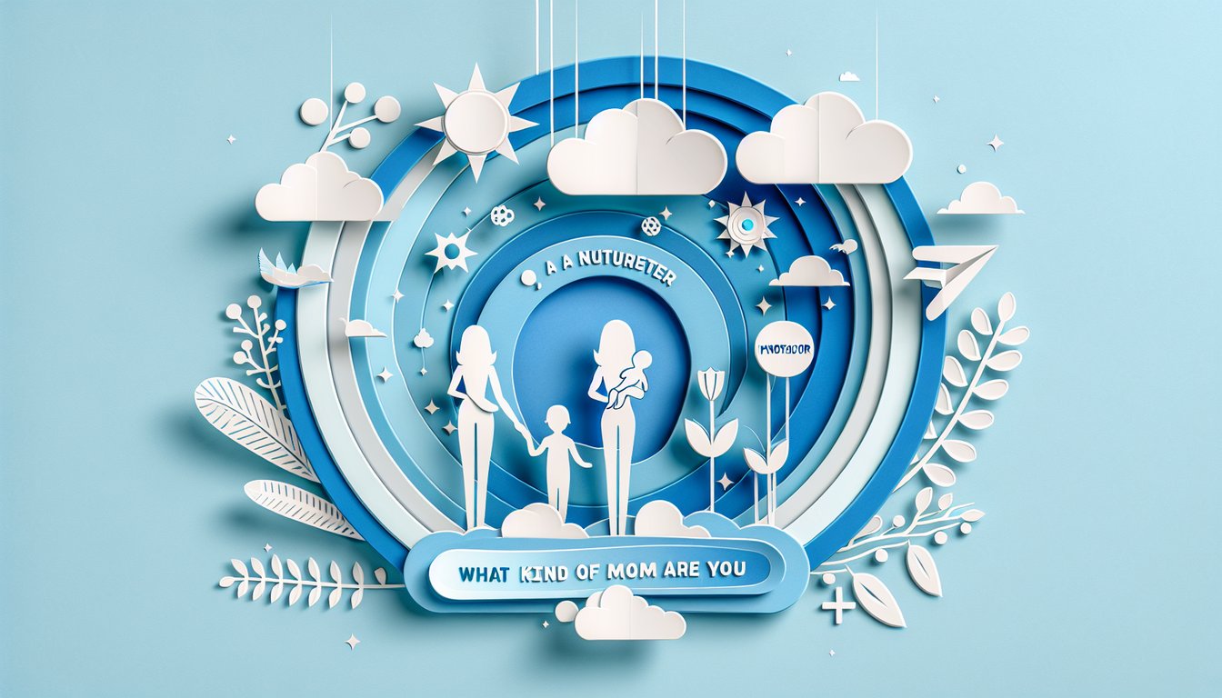 Paper art quiz on sky blue background with text inviting moms to discover Nurturer Innovator Protector Guide