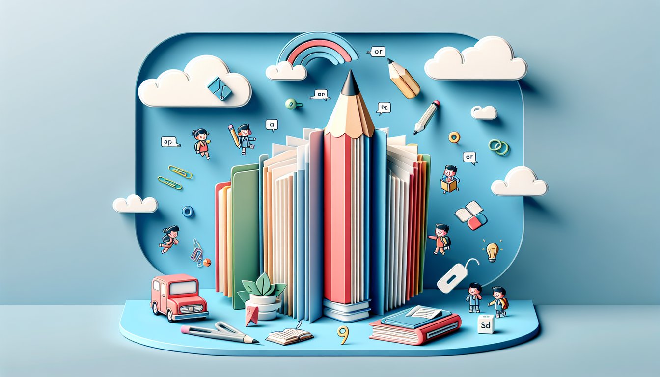 Paper art illustration with layered letters and noun cards on sky blue background for possessive nouns quiz