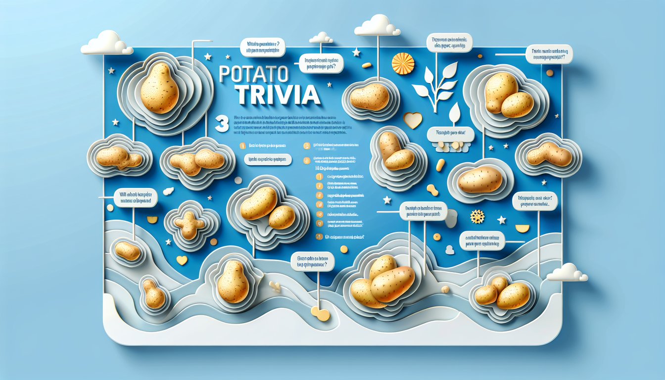 Paper art potato quiz graphic with stylized spuds question marks on sky blue background inviting spud trivia challenge