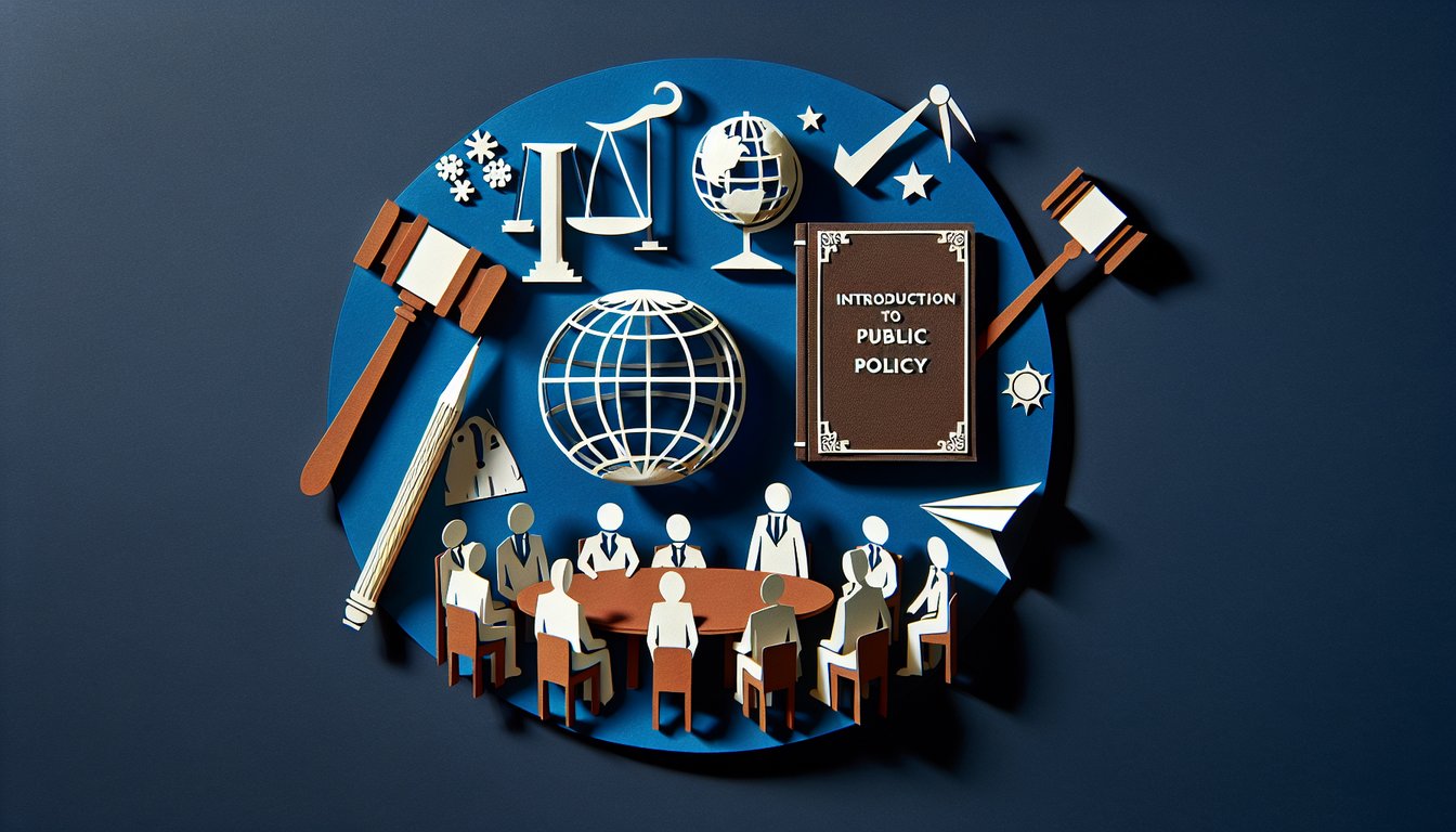 3D voxel art showcasing Intro to Public Policy course materials and textbooks