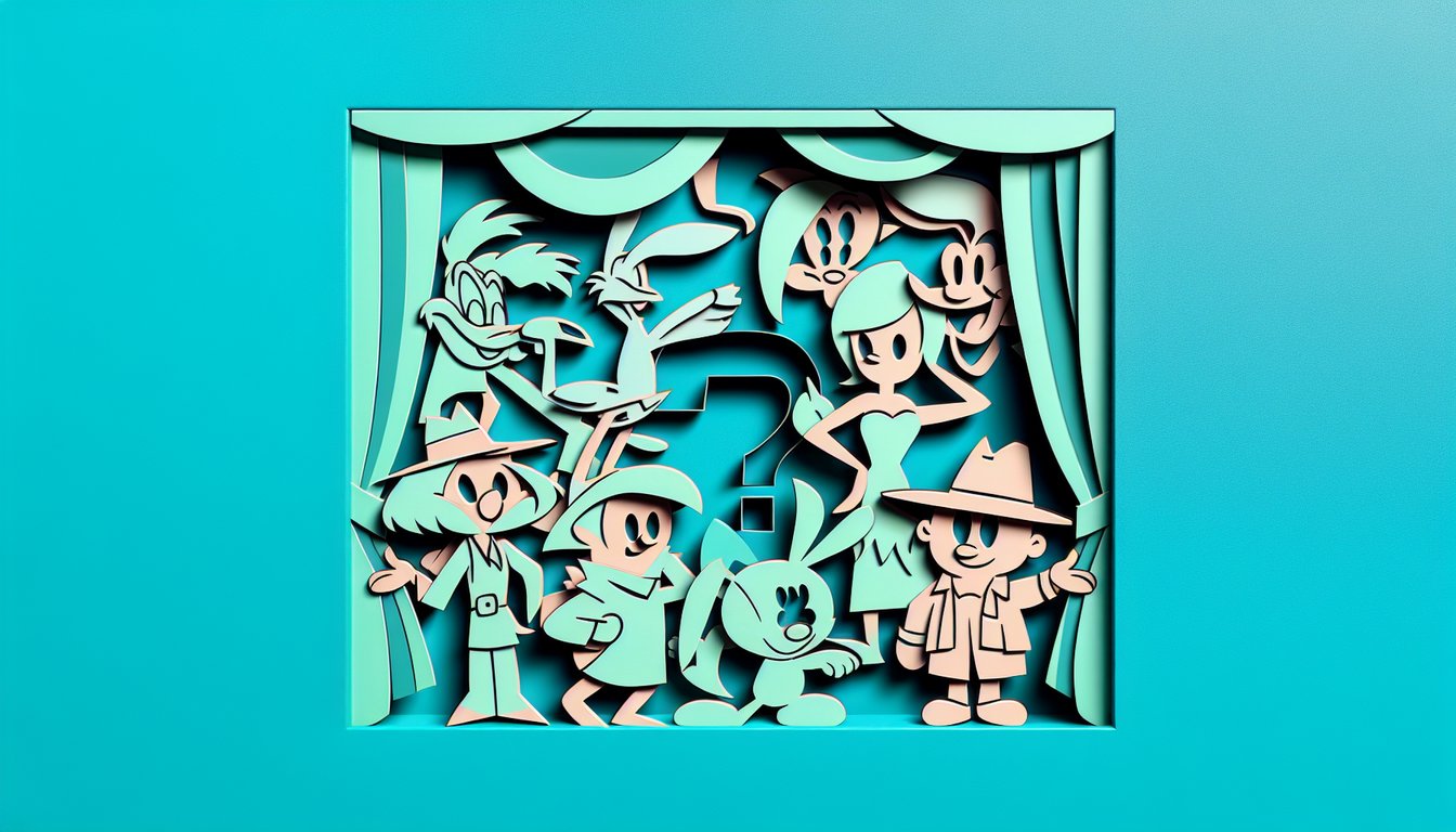 Paper art illustration for Looney Tunes personality quiz on a teal background