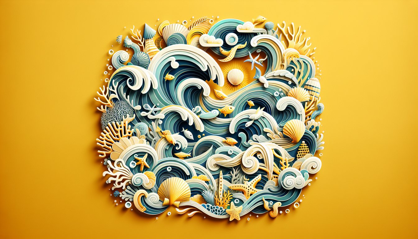 Paper art illustration of ocean waves shells fish corals with text what ocean are you quiz on golden yellow background