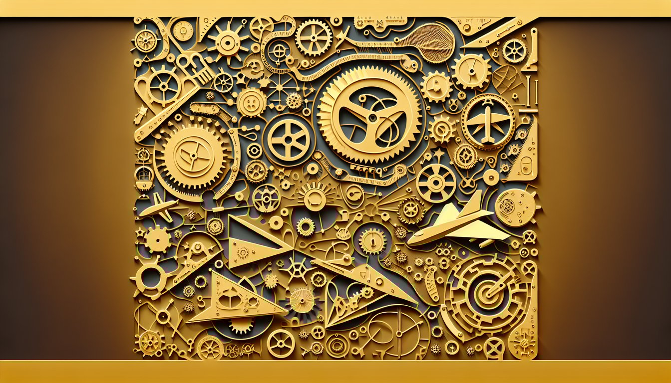paper cut style airplane gears and physics symbols on golden yellow background promoting aeronautical mechanics quiz