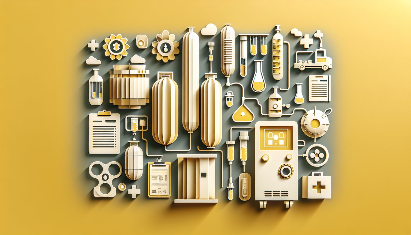 Paper art illustration for a medical gas testing quiz on a golden yellow background