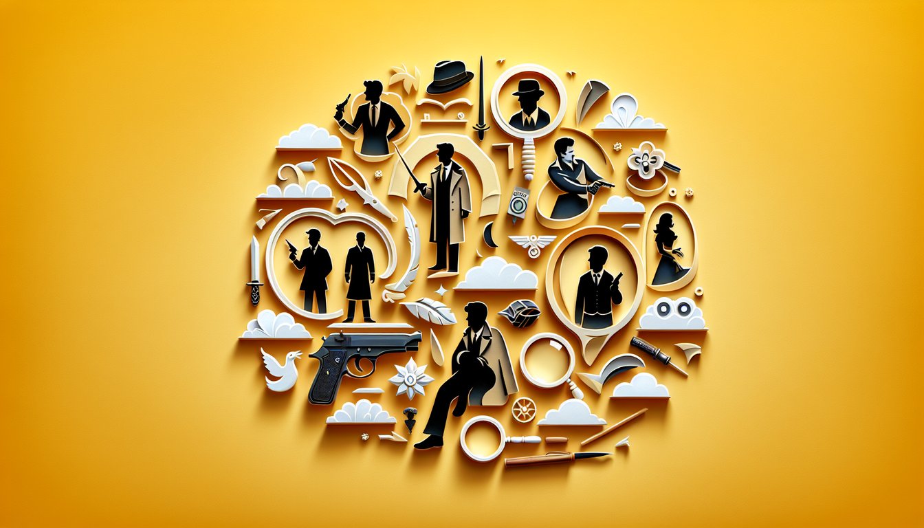 Paper art shows layered books characters speech bubbles on golden yellow background for a fictional protagonist quiz