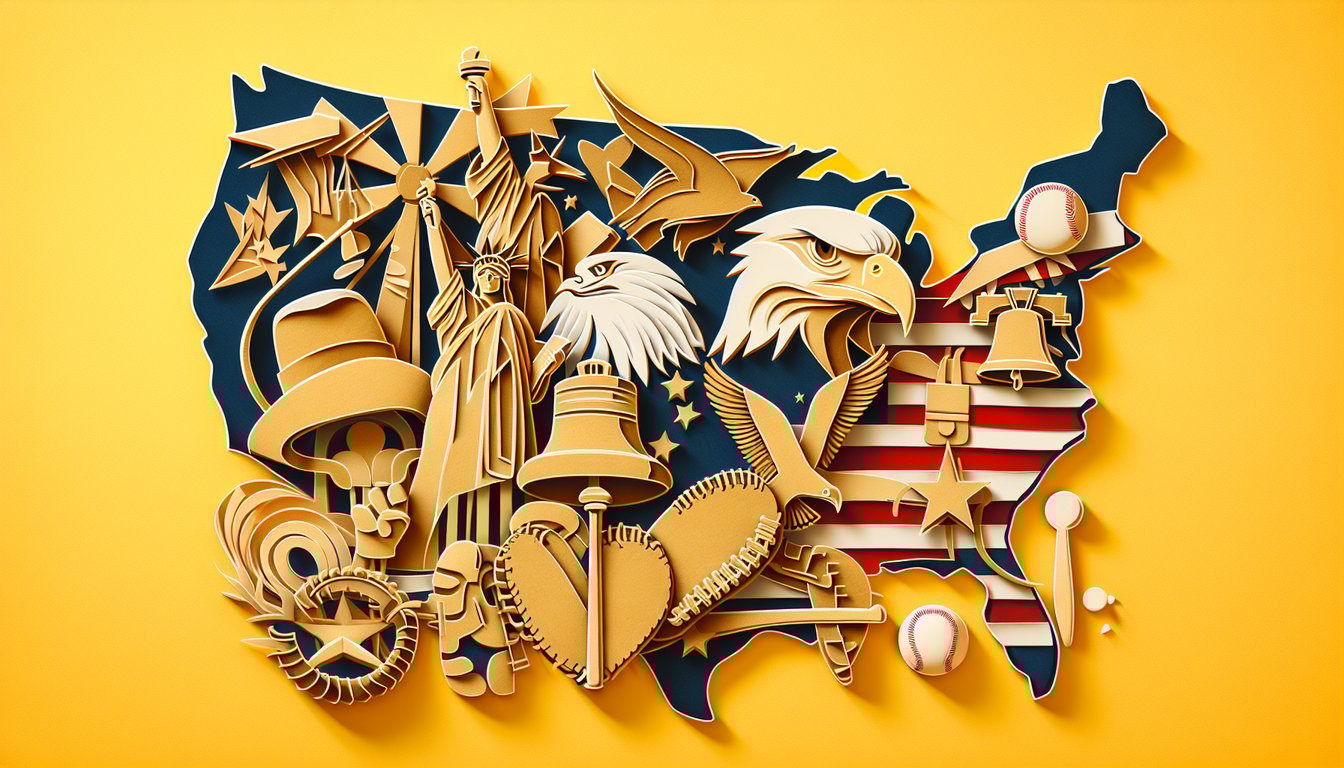 Paper art illustration of American trivia quiz on golden yellow background with text about culture history facts