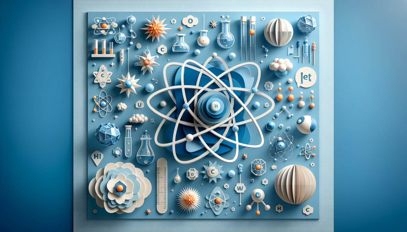 Paper art illustration for AP Biology Chapter 2 quiz on atomic structure and essential elements on sky blue background.