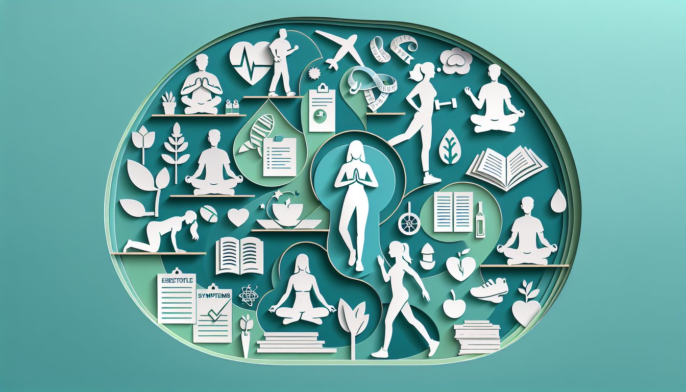 Paper cut illustration on teal with icons question mark ribbon inviting cancer risk quiz on symptoms lifestyle
