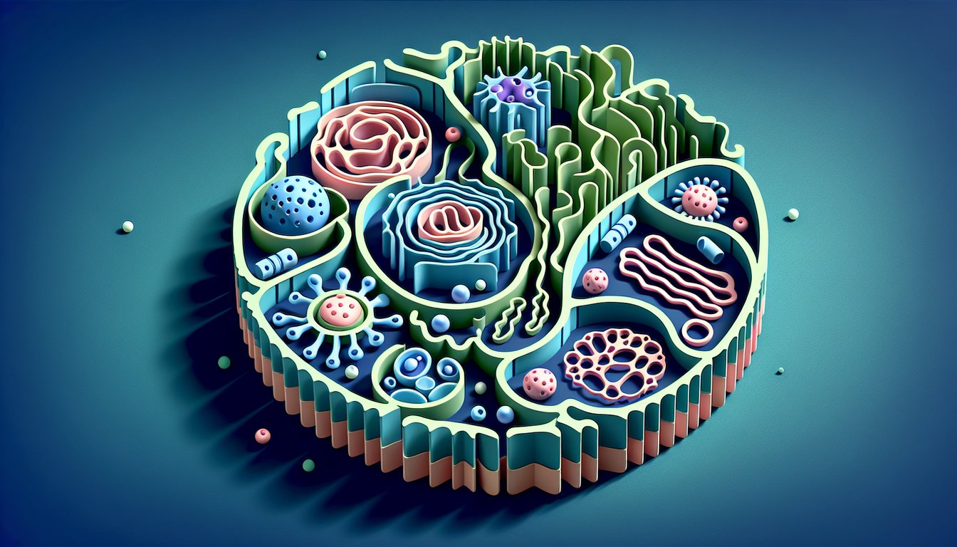 paper art illustration showing nucleus mitochondria golgi apparatus and other organelles on dark blue background