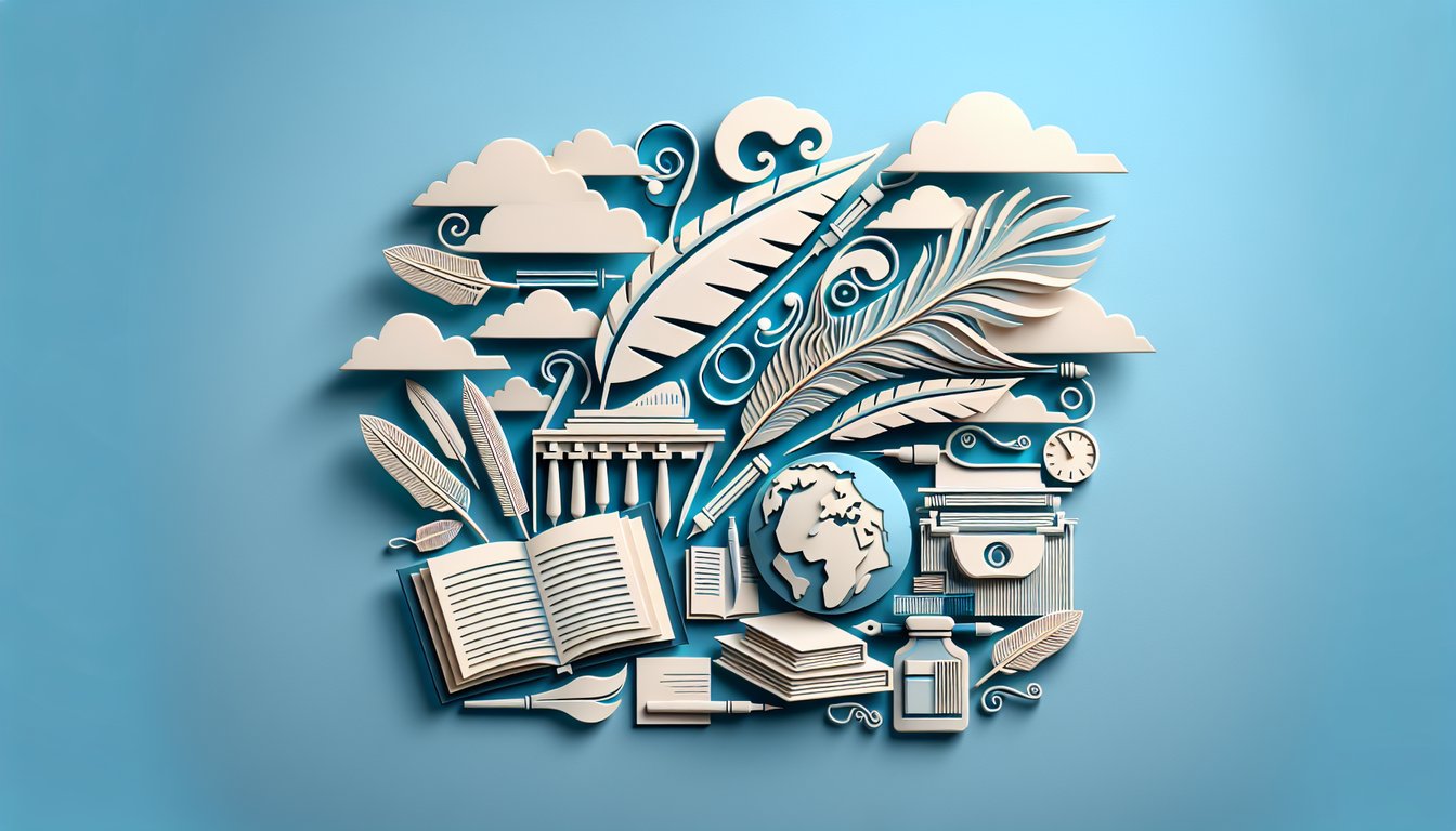 Paper art illustration for Lost Generation of Writers quiz on sky blue background