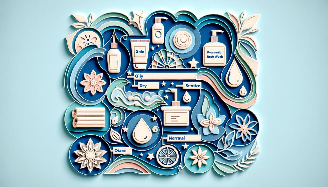 paper art illustration of body wash bottles leaves and water droplets surrounding quiz title on sky blue background