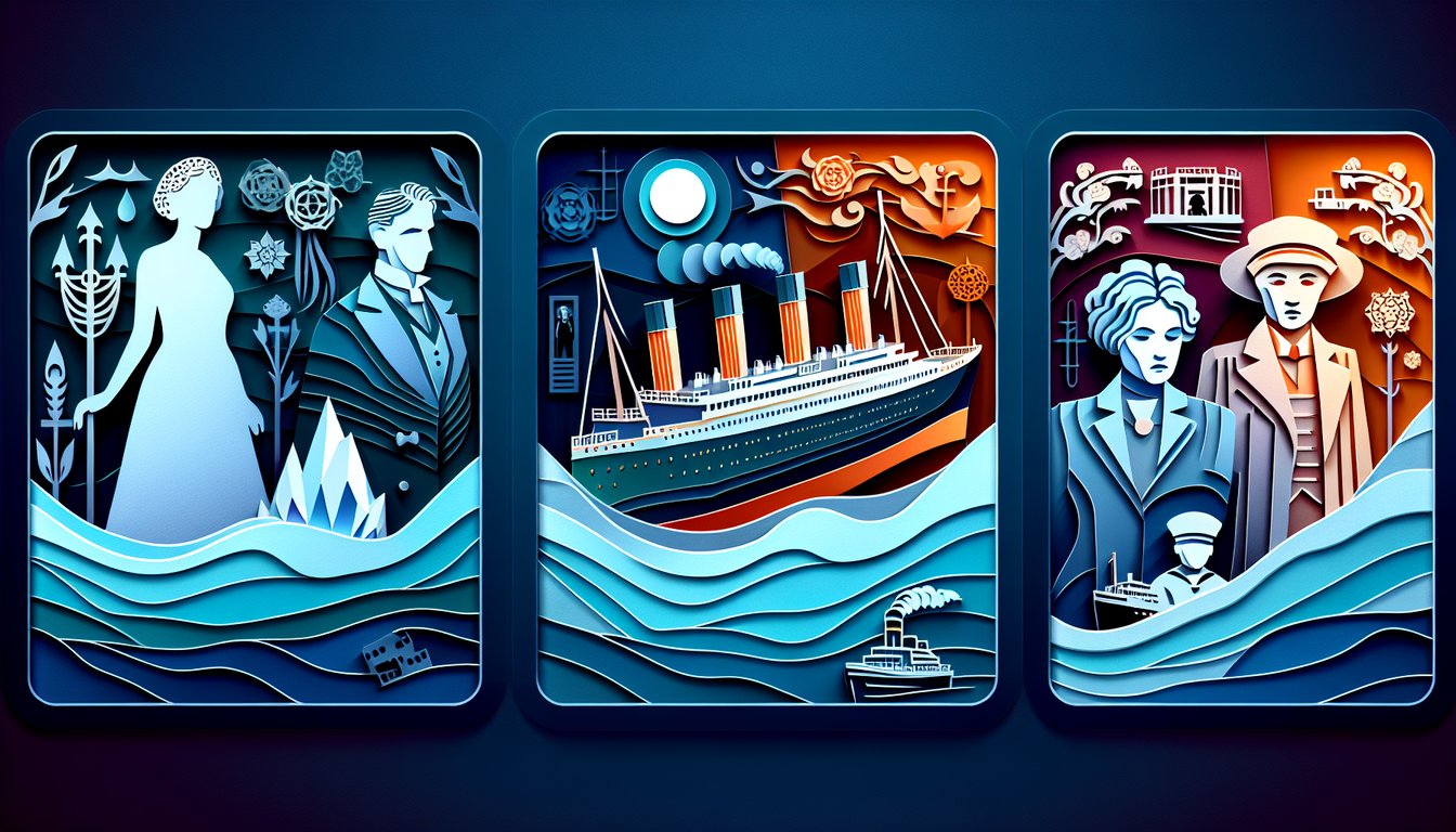 Paper art illustration for Titanic trivia quiz on a dark blue background