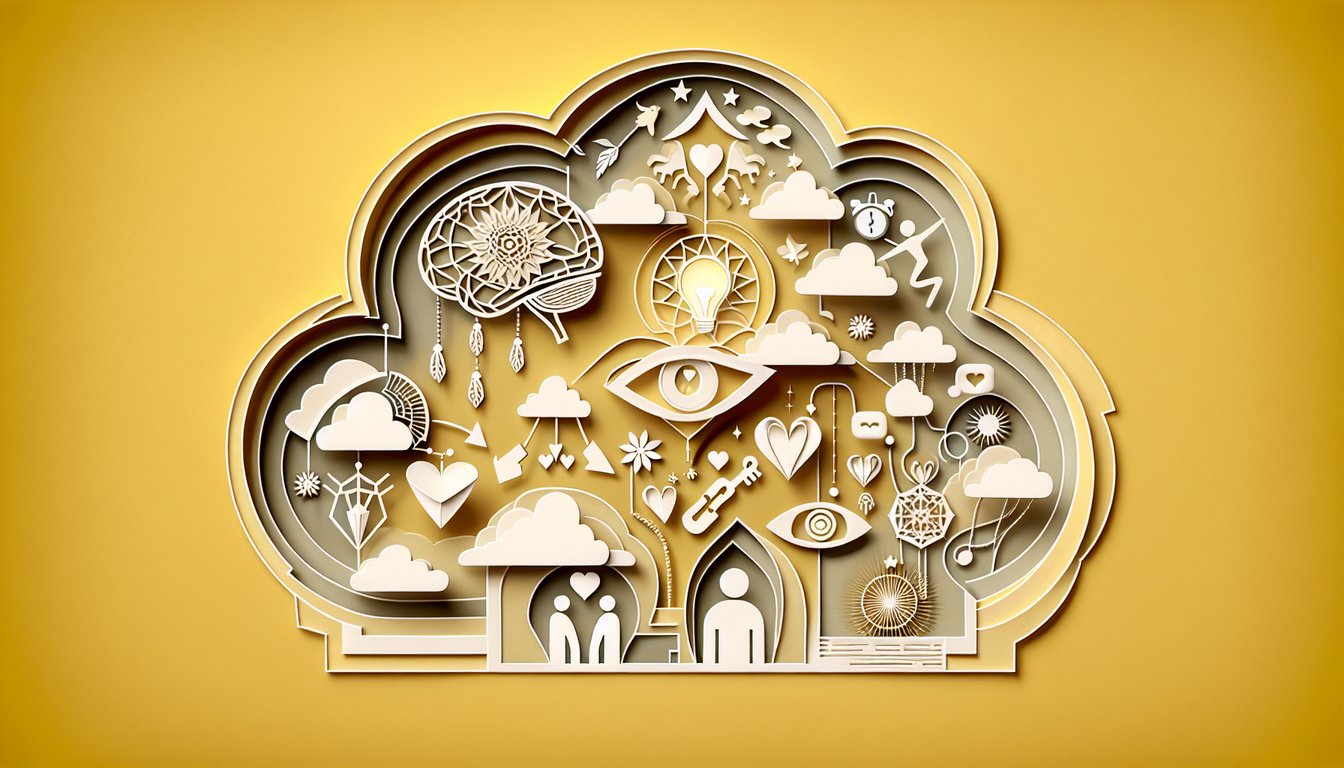 Paper art illustration for Does My Crush Dream About Me quiz on a golden yellow background