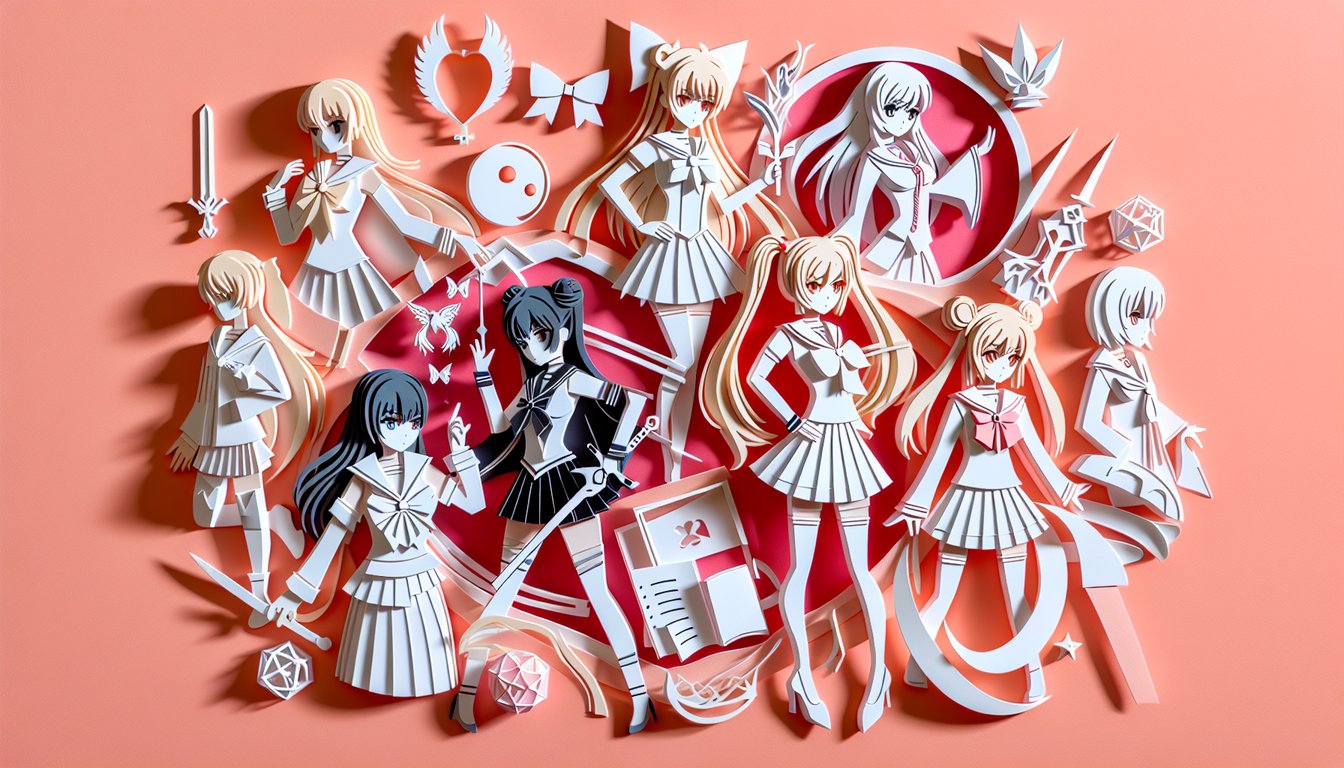 Anime girl paper art illustration for a quiz to find your ideal match on a coral background.