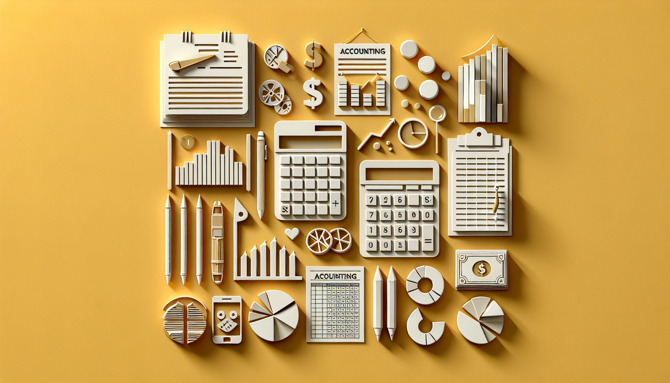 paper art illustration of calculator ledger and charts for accounting practice quiz on golden yellow background