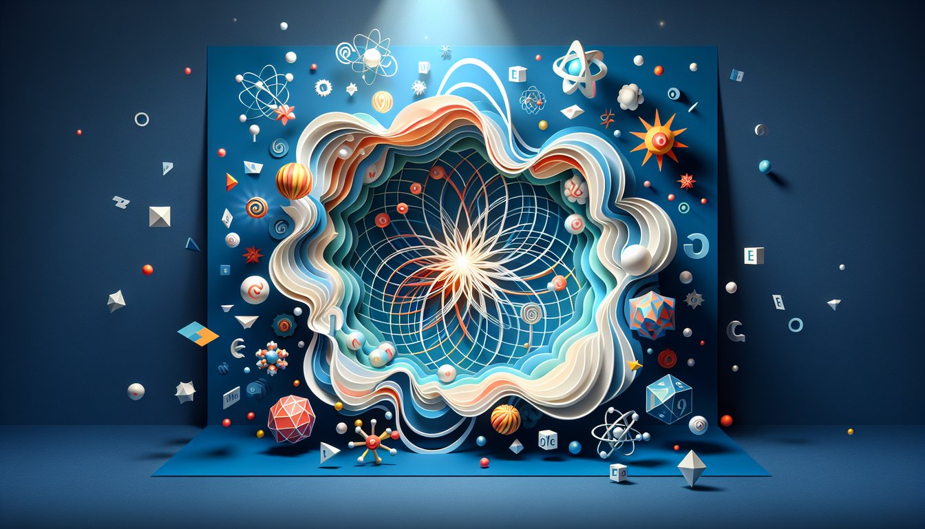 Paper art illustration of electron orbitals numbers and calculator symbols on dark blue background for quantum number quiz