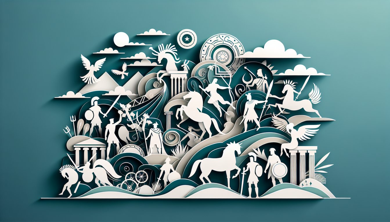Paper art champions and lore symbols on teal background hint at quiz on backstories hidden tales and epic battles