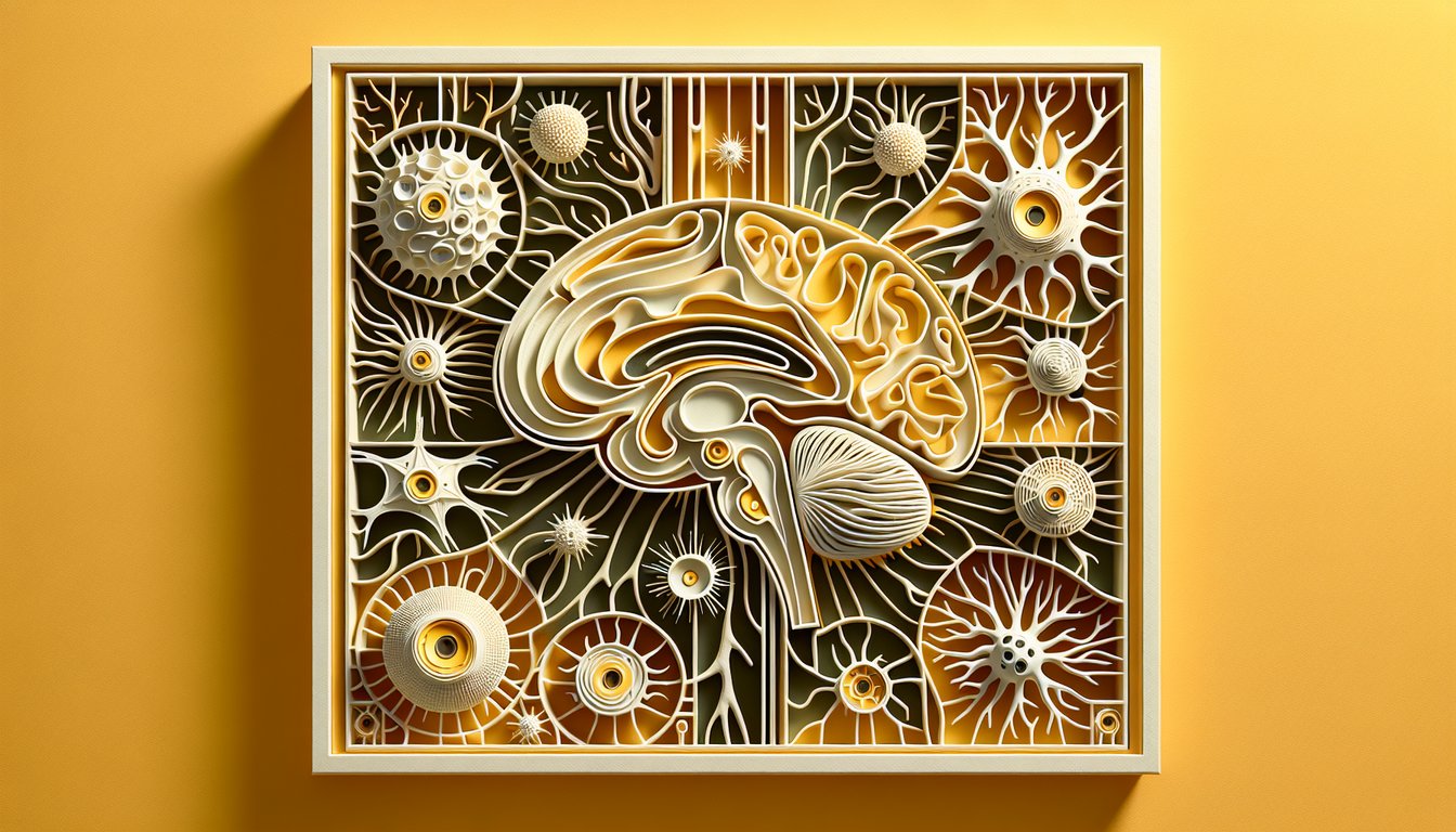 Paper art illustration for neuroglia quiz on a golden yellow background.