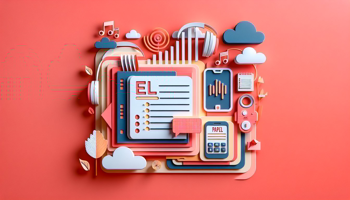 paper art letters and words on coral background, spanish quiz on plural forms and phonetic transcription.