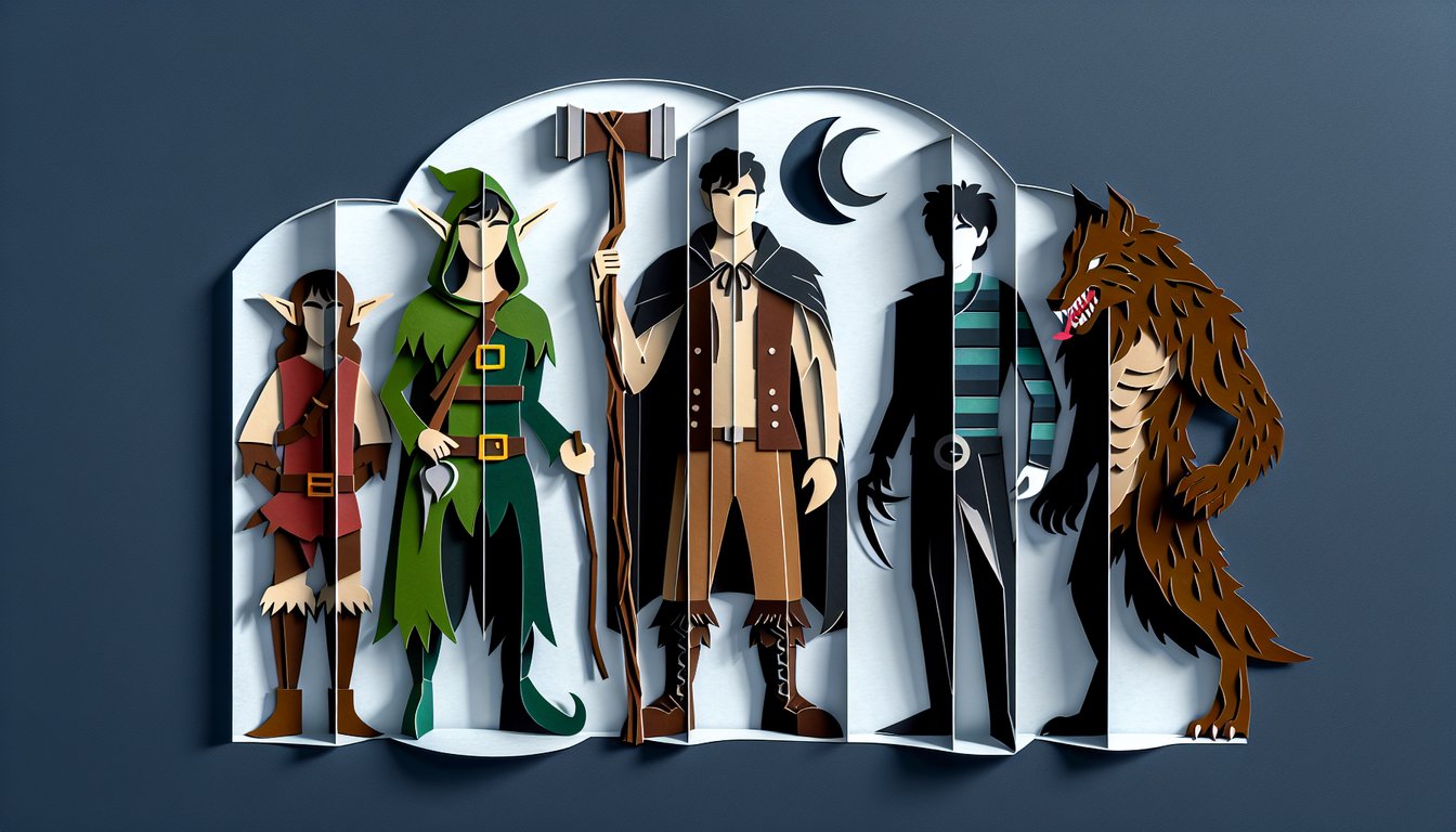 Paper art illustration featuring elf dwarf human vampire werewolf on dark blue background fantasy creature quiz