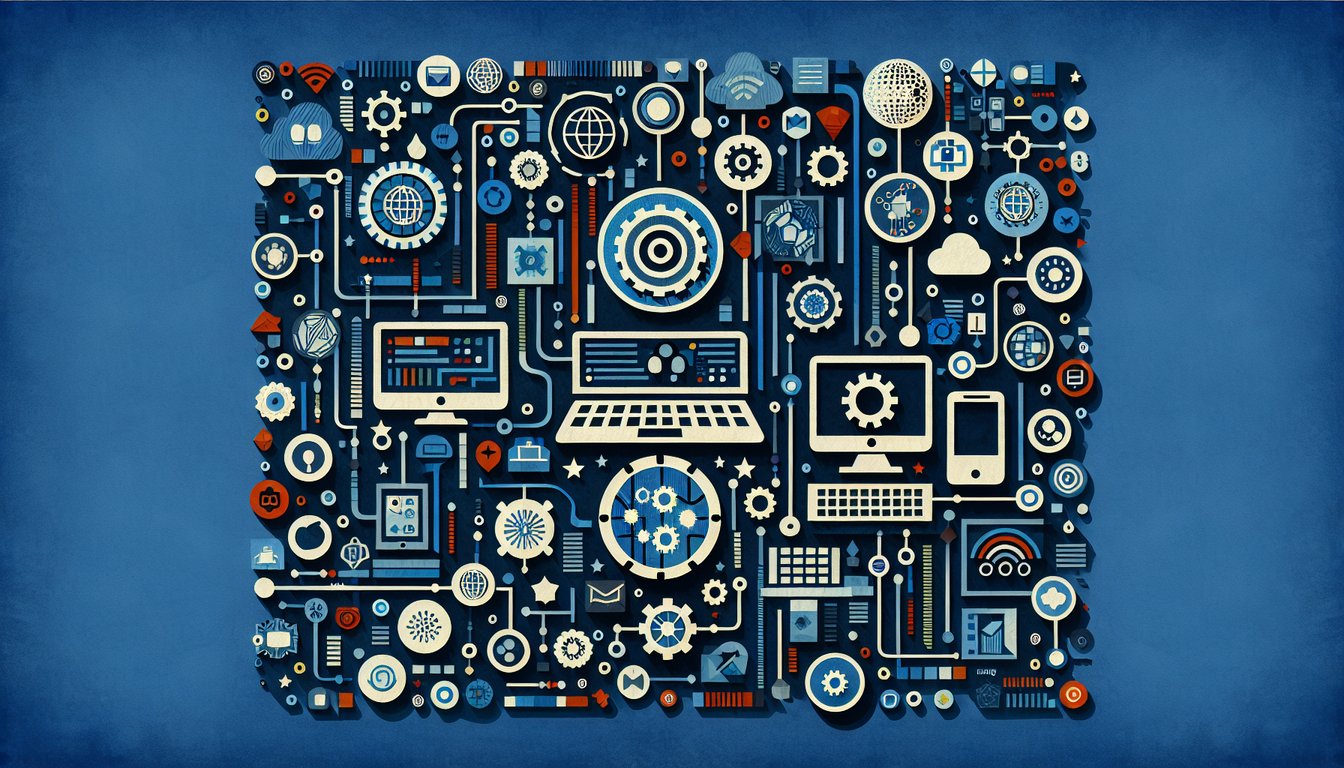 Colorful paper art depicting elements related to Corporate Technology Trivia Quiz