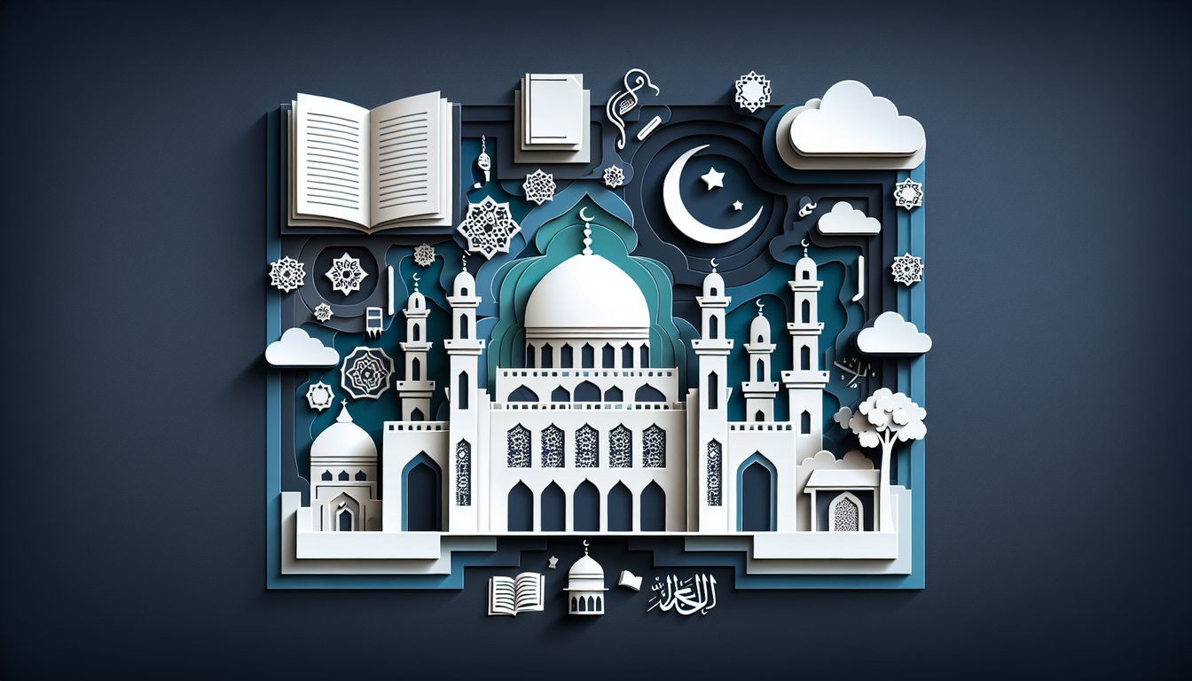 Paper art quiz card with question mark symbol and mosque silhouette on dark blue background.