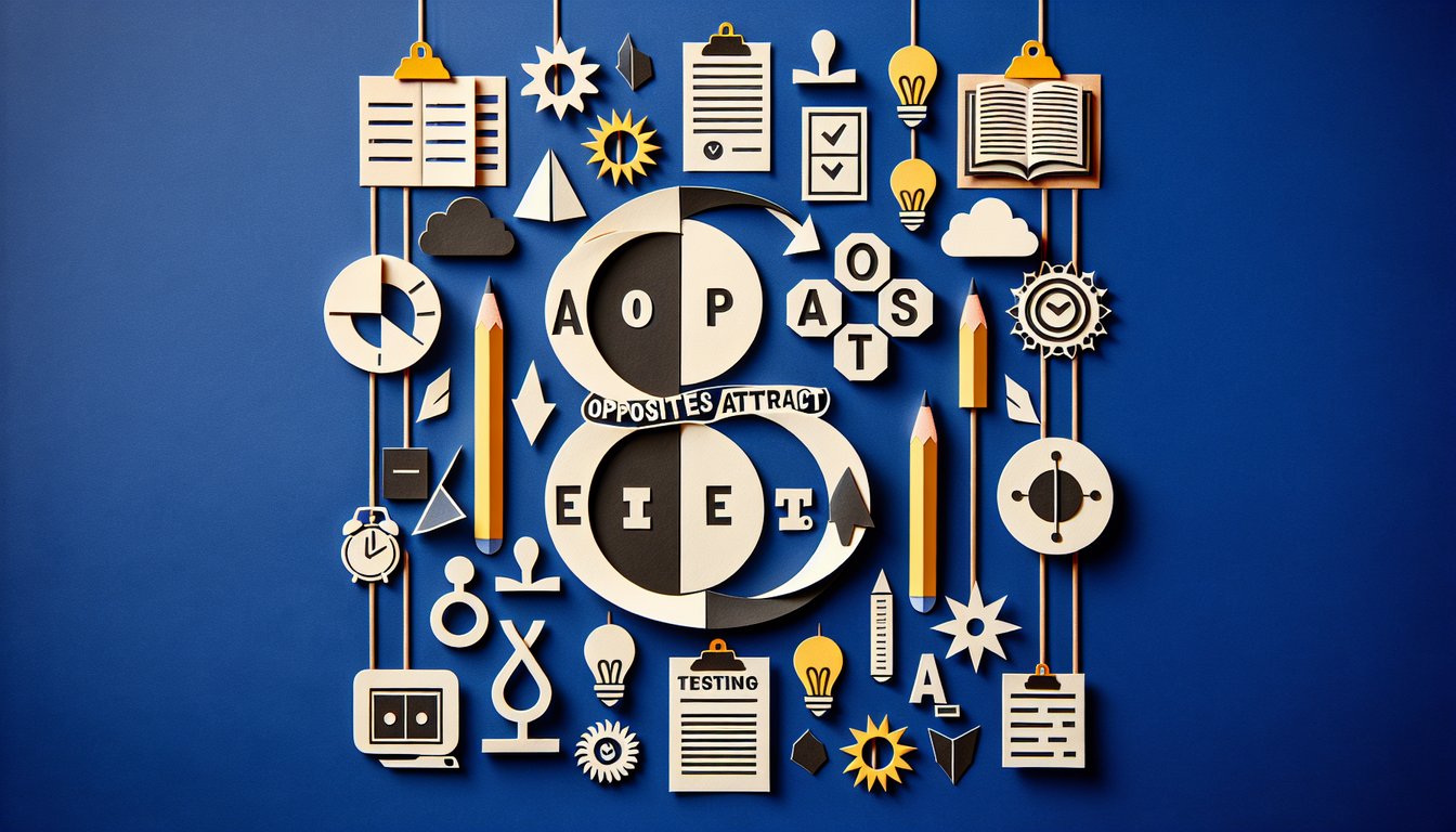 Colorful paper art promoting Opposites Attract language arts quiz for middle school students.