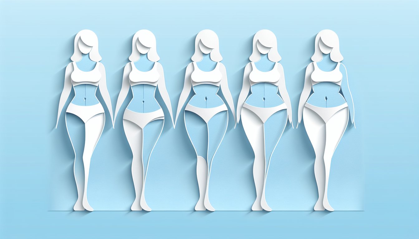 Paper art of midsections on sky blue background for free belly quiz to identify healthy pudgy chubby or fat type.