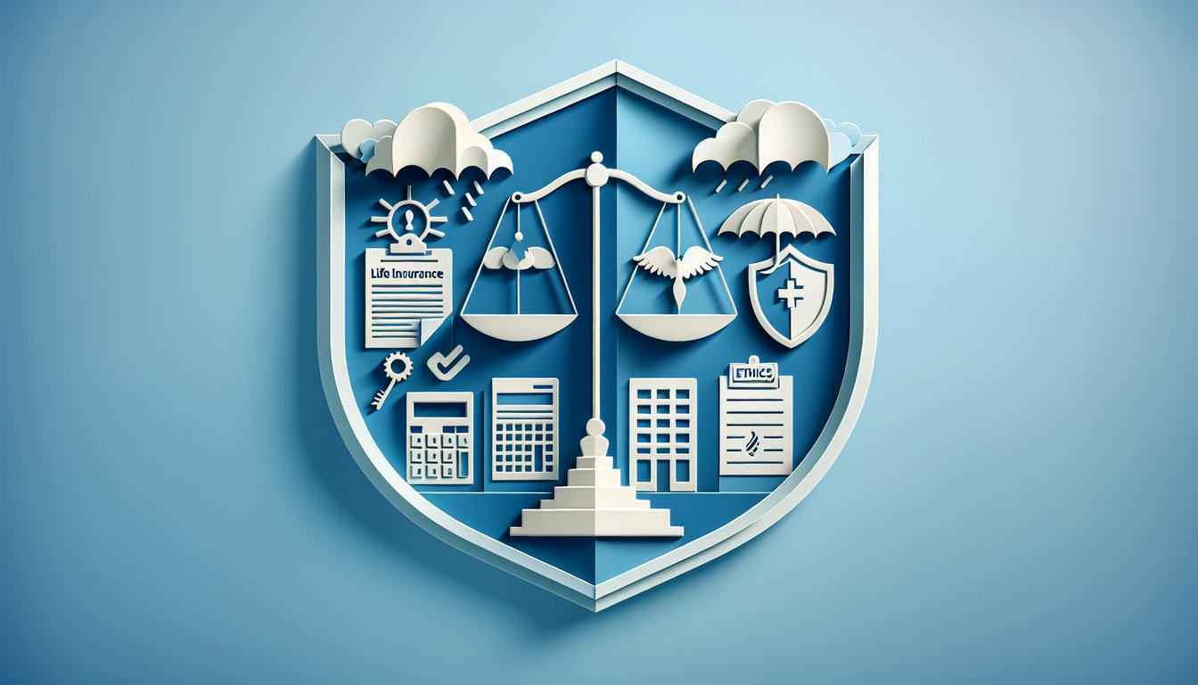 Paper art illustration for a California life insurance practice exam quiz on a sky blue background