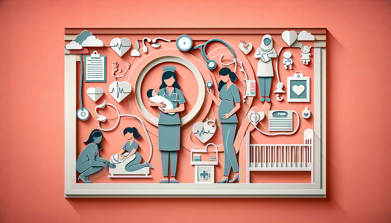 Paper art scene with mother holding newborn and nursing symbols on coral background for NCLEX maternal child health quiz