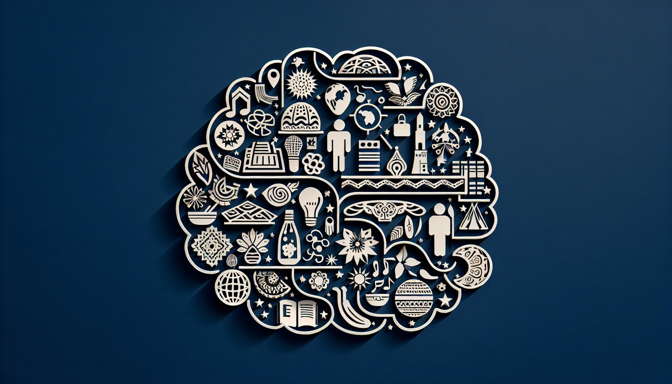 Paper cutout art showing diverse faces and abstract shapes around 15-question quiz title on dark blue background