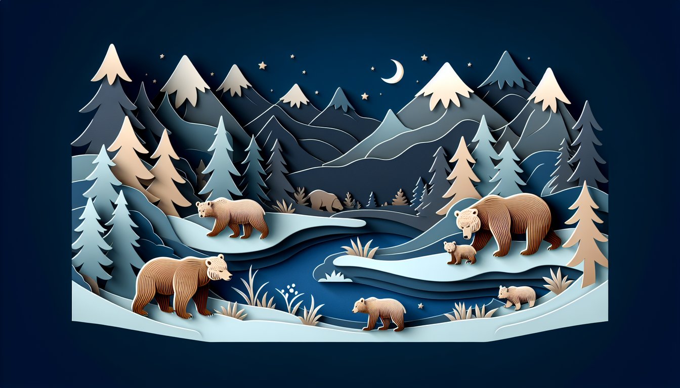 Paper cut style grizzly bear head with notebook pencil quiz icons on dark blue layered background