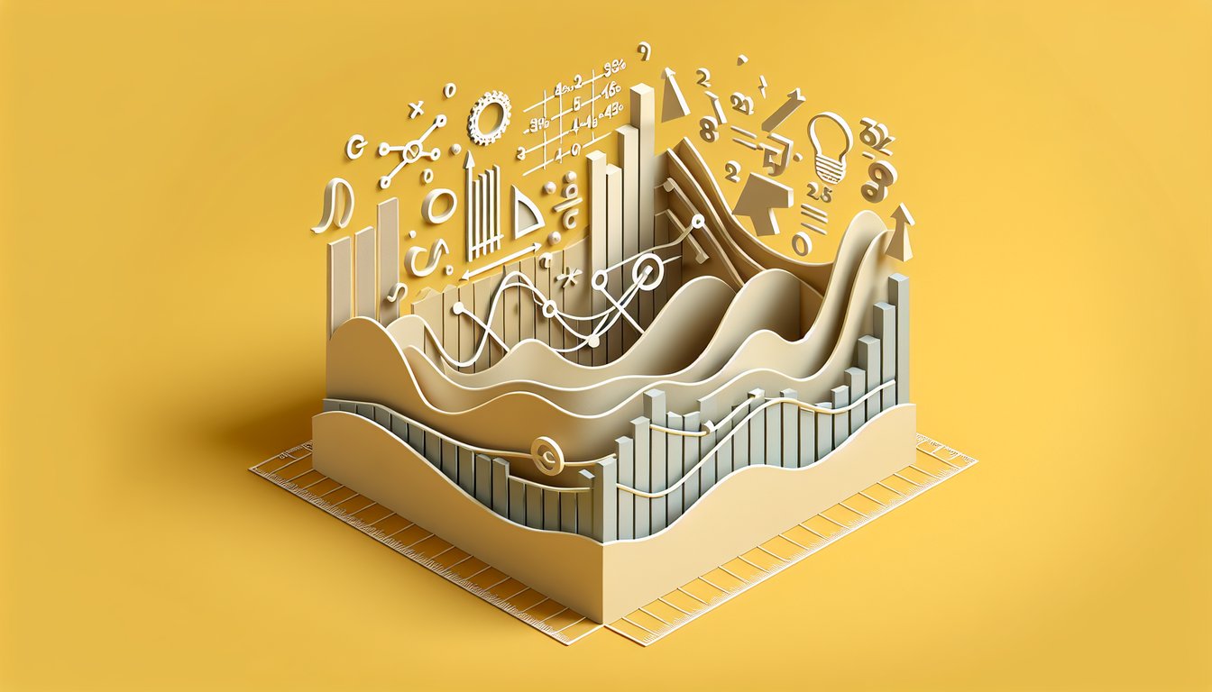 Paper art style graph with rising line and slope markings for slope quiz rise over run on golden yellow background