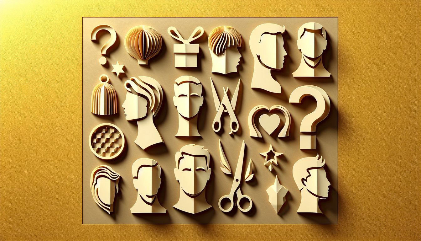 paper art illustration of short haircut options and face shape silhouettes on golden yellow background