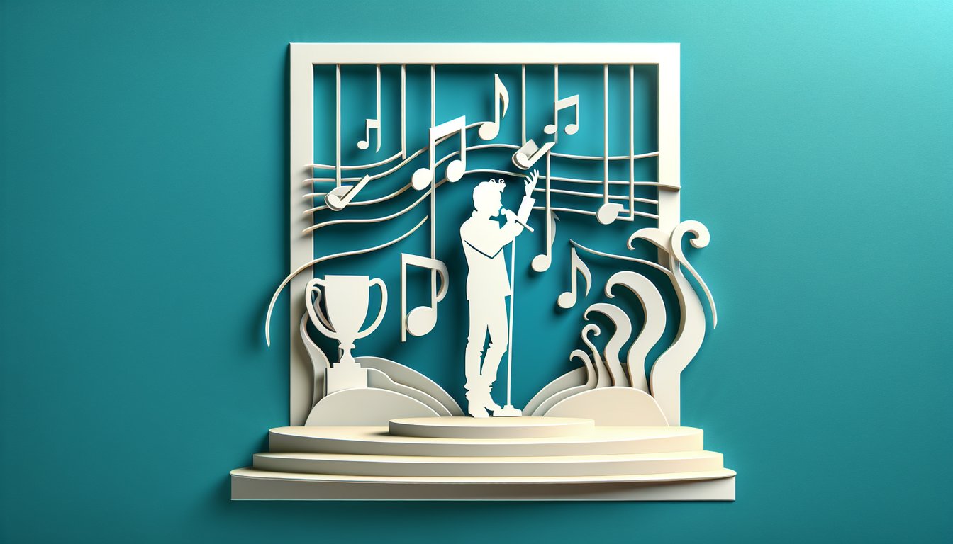 Paper art illustration for Babyface trivia quiz on teal background, with paper cut musical notes vinyl records microphone