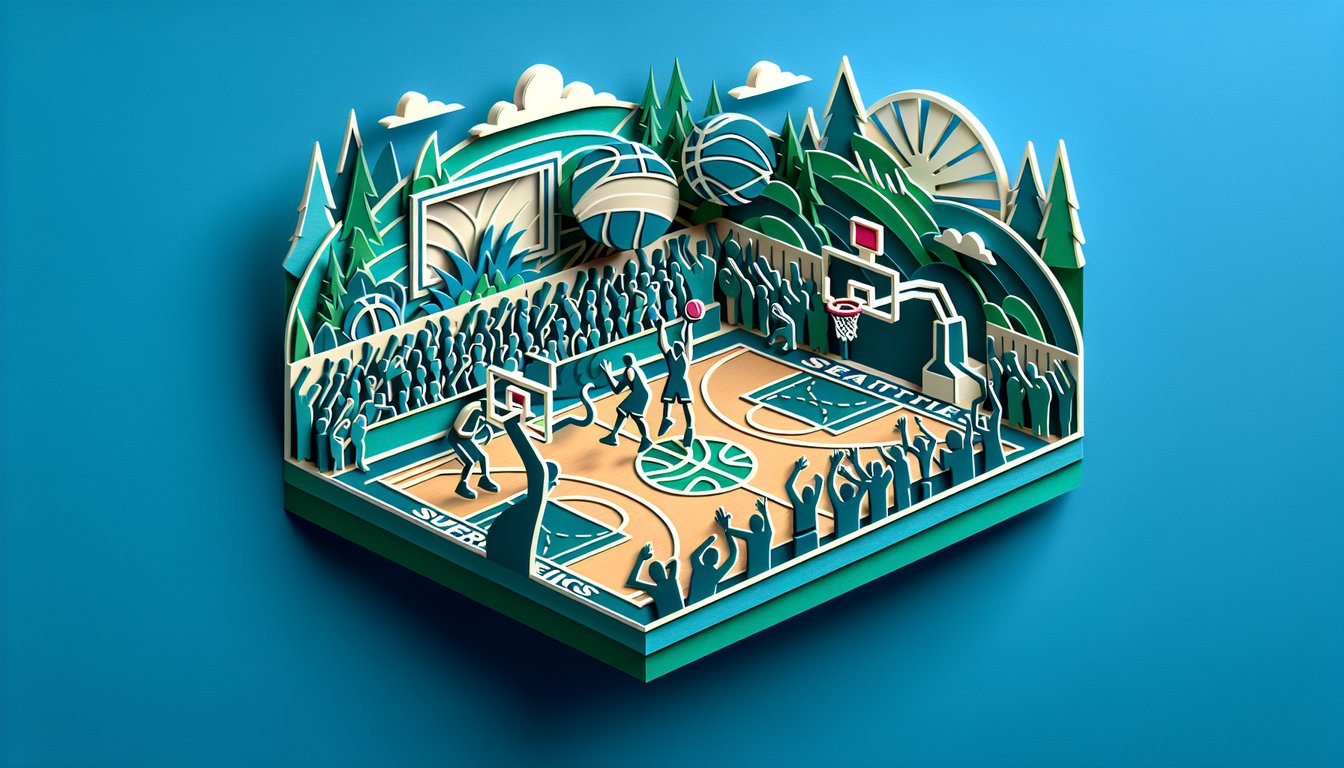 Paper art illustration showing basketball trivia quiz Seattle Supersonics theme on teal background.