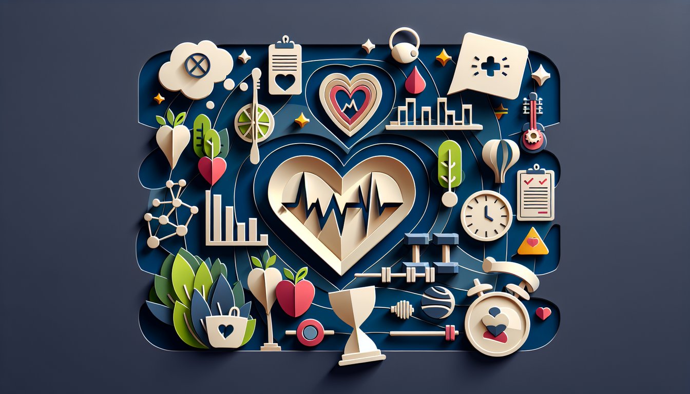 Paper art health icons heart pulse chart calendar pages for life expectancy quiz on dark blue background