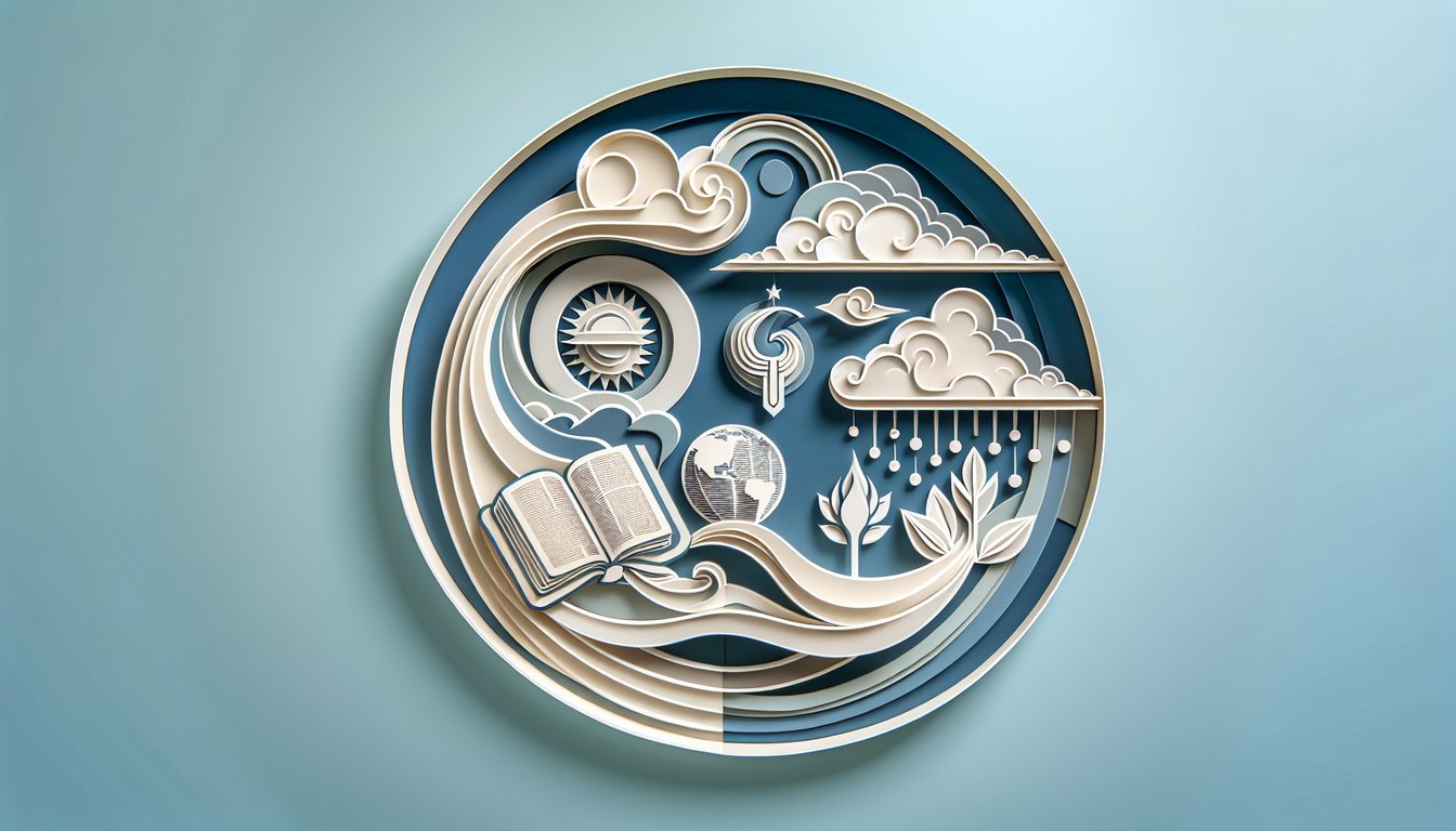 Paper art illustration of Bible open pages prophecy question mark speech bubble quiz icons on sky blue background